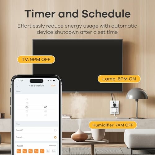 Smartphone displaying a scheduling app for TV, lamp, and humidifier with set times.
