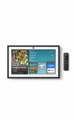 Smart display with remote control showcasing a salad recipe and weather information.