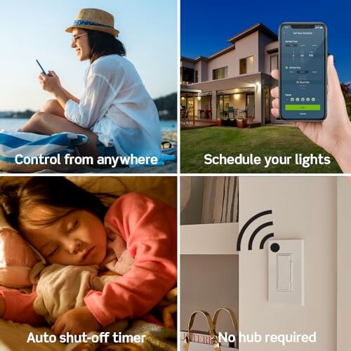 Collage showcasing smart lighting benefits: remote control, scheduling, auto shut-off, no hub.