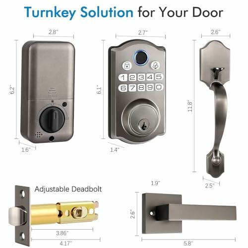 Smart lock and door handle set with dimensions.