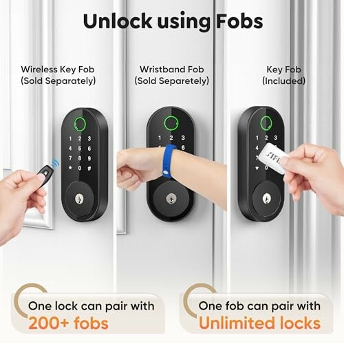 Smart lock with wireless, wristband, and key fob options.