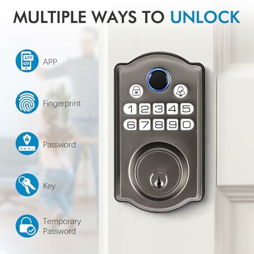 Smart lock with multiple unlocking options: app, fingerprint, password, key, and temporary password.