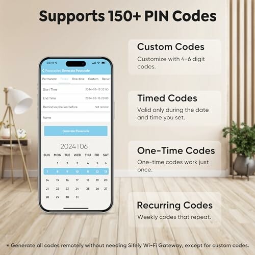 Smart lock app interface showing support for various PIN codes including custom, timed, one-time, and recurring codes.