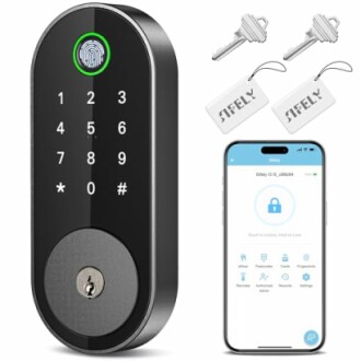 Smart lock with keypad, fingerprint scanner, keys, and smartphone app.