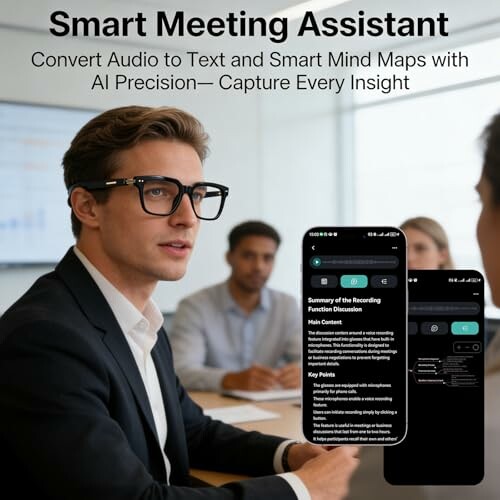 Business meeting with smart meeting assistant app displayed on phones.