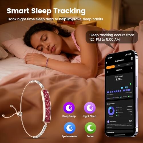 Woman sleeping with a smart bracelet and smartphone app displaying sleep data.