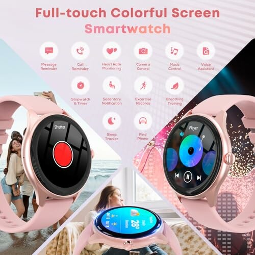Smartwatch with colorful screen and multiple features displayed.
