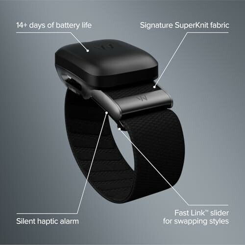Smartwatch with battery life, fabric, haptic alarm, and strap features.