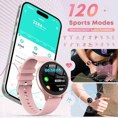 Smartwatch and smartphone displaying fitness tracking features with 120 sports modes.