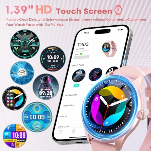 Smartwatch with customizable watch faces and mobile app interface.