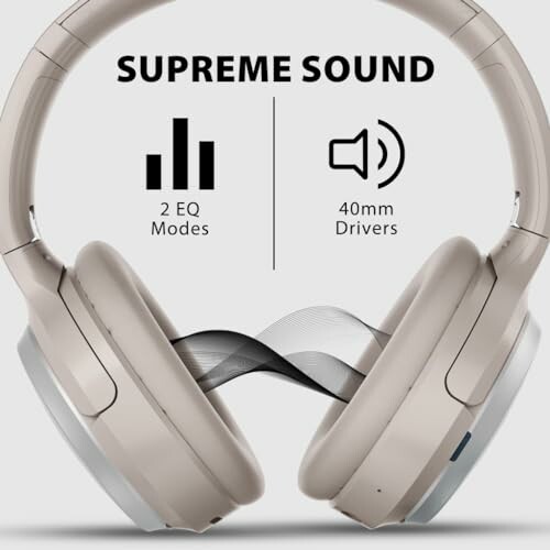 Headphones with 2 EQ modes and 40mm drivers, labeled 'Supreme Sound'.
