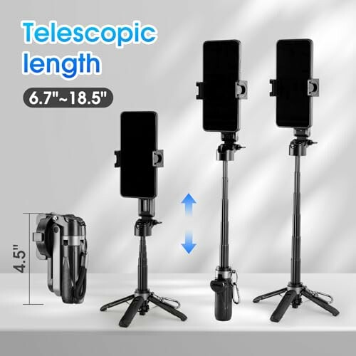 Telescopic phone tripod with adjustable length and foldable design.