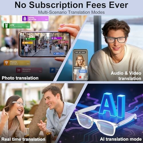 Image showcasing translation modes: photo translation, audio and video translation, real-time translation, AI translation.