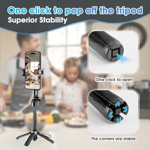 Tripod with one-click open feature for superior stability.