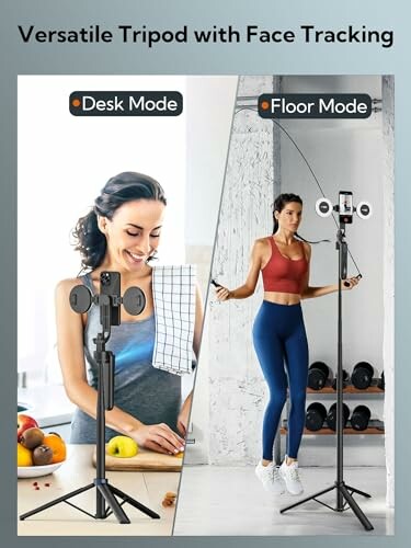Two women using a versatile tripod with face tracking in desk and floor modes.