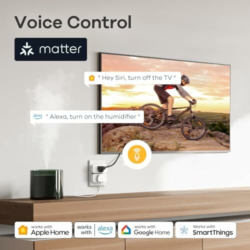 Smart home devices controlled by voice commands with Matter compatibility.