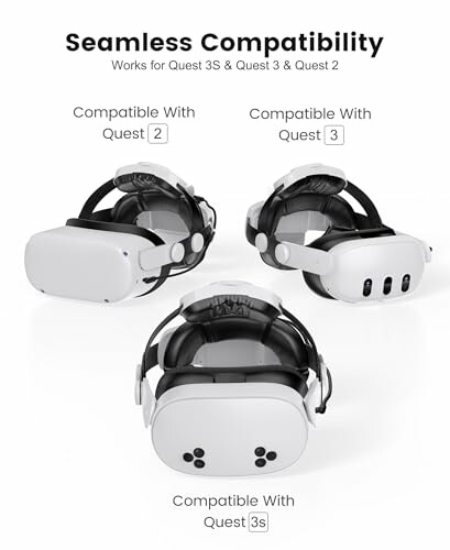 Three VR headsets labeled for compatibility with Quest 2, Quest 3, and Quest 3S.