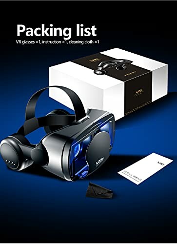 VR headset with box, instructions, and cleaning cloth.