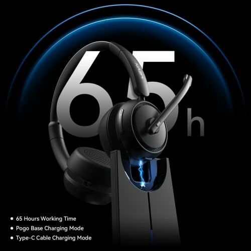 Wireless headset with charging base, 65 hours working time.