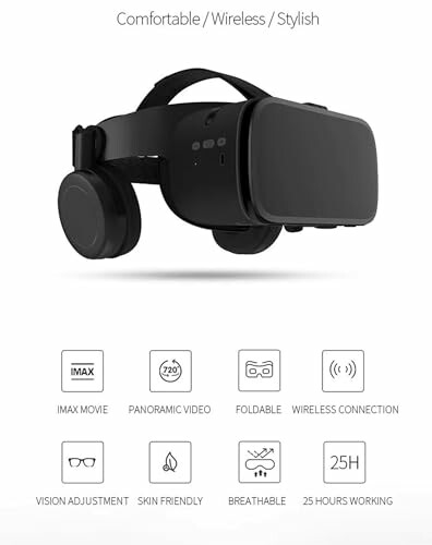 Wireless VR headset with features like panoramic video, foldable design, and 25-hour battery life.