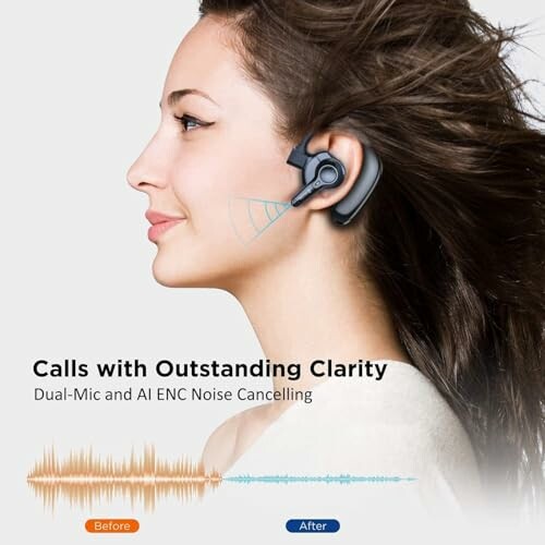 Woman wearing a headset with dual-mic and AI ENC noise cancelling.